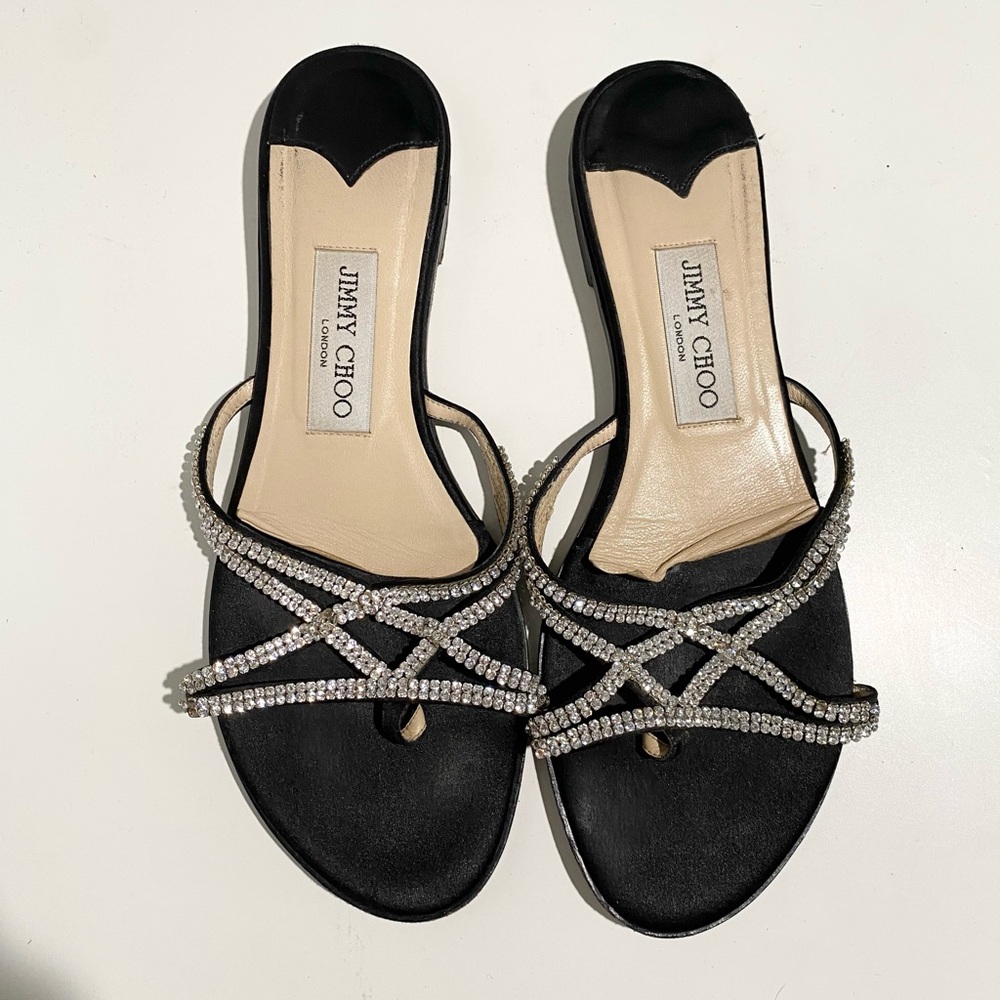 Jimmy Choo Black Satin Crystal Embellished Flat Slides‎ Size 38.5